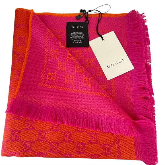 Gucci Sten GG Orange and Pink Fringed Wool Scarf NWT - Picture 1 of 6
